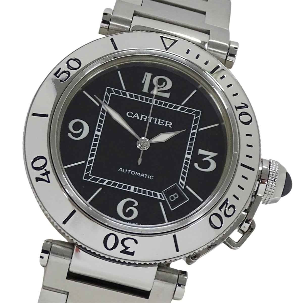 Pre-Owned Cartier Pasha Seatimer Men's Watch with Date Display, Automatic, Stainless Steel, W31077M7, Silver/Black, Polished