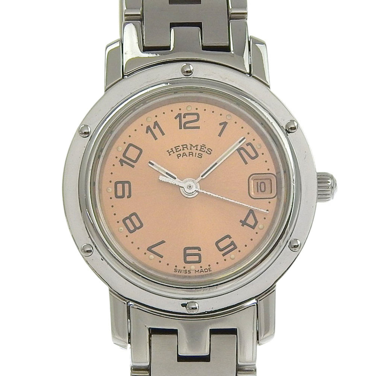 Pre-Owned Herm?s Clipper Watch CL4.210, Stainless Steel Quartz Analog Display, Pink Dial, Women's