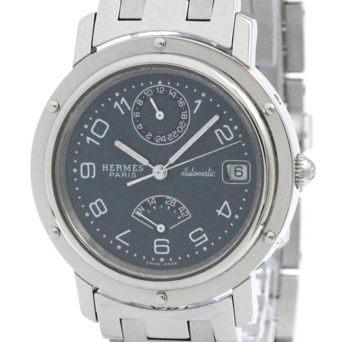 Pre-Owned HERMES Clipper Power Reserve Steel Automatic Watch CL5.710 Polished