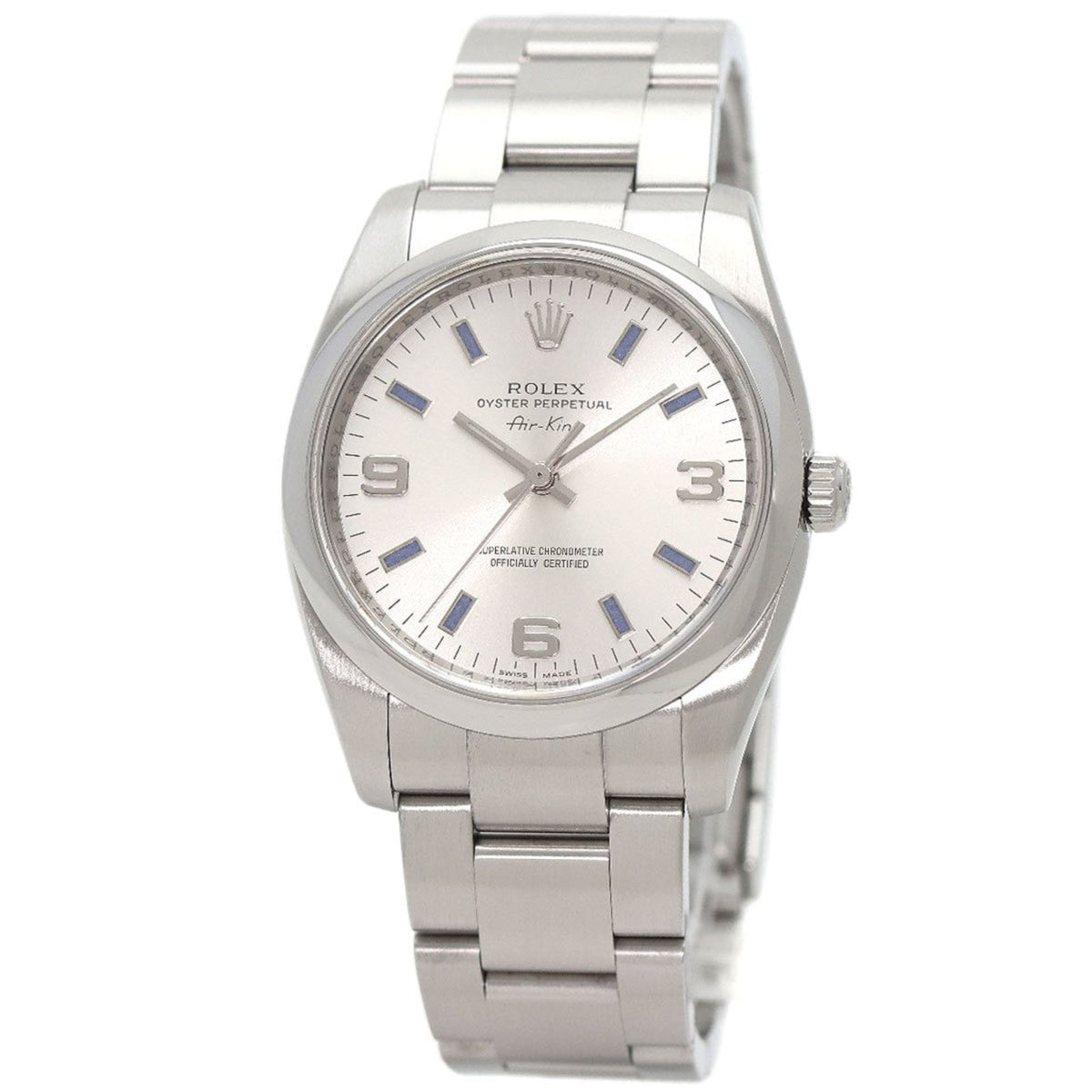 Montre Rolex Air King 114200 d'occasion en acier inoxydable et acier inoxydable pour homme, modèle 369, avec barre bleue 