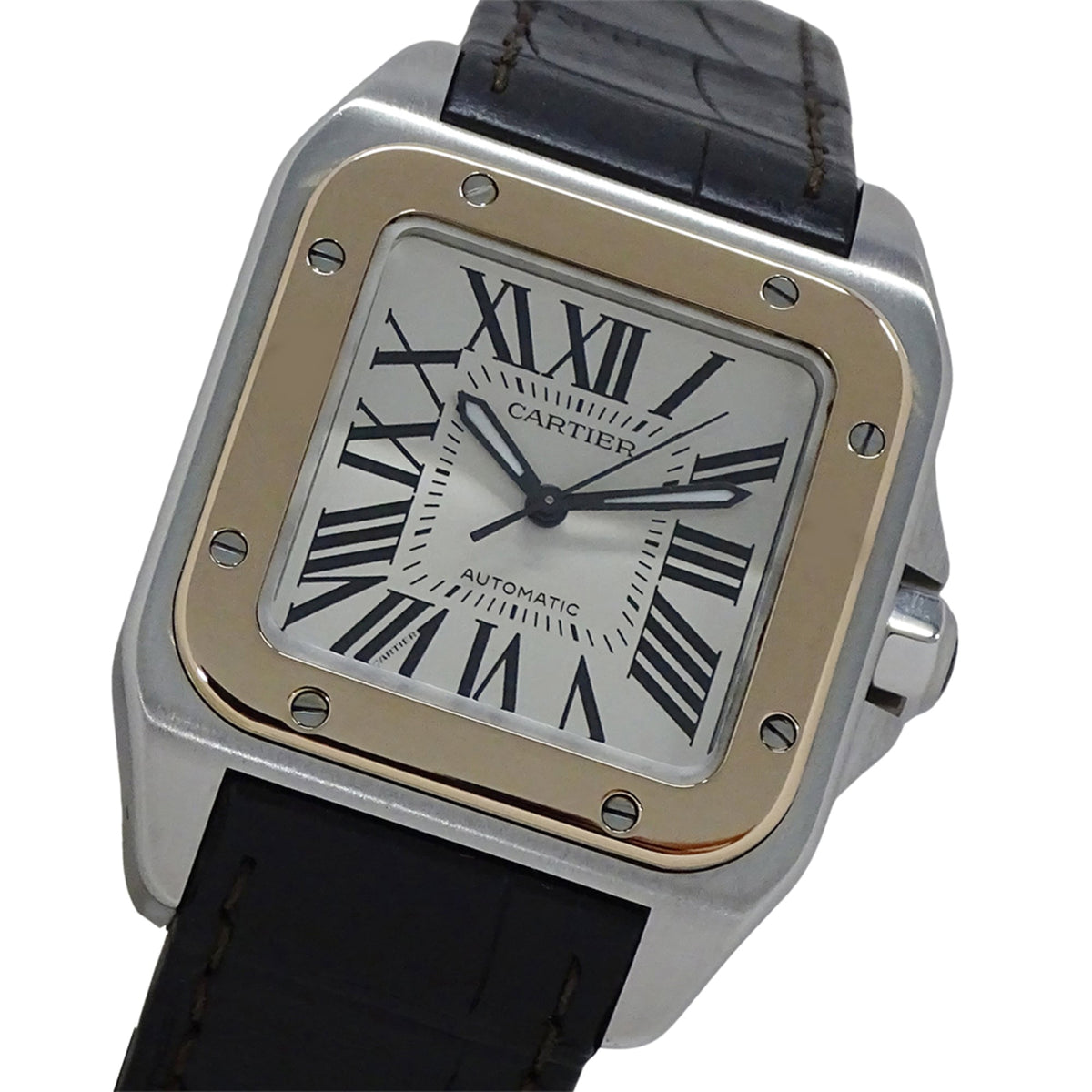 Pre-Owned Cartier Santos 100mm Automatic Watch for Boys, Stainless Steel, Pink Gold, PG, Leather, W20107X7, Polished