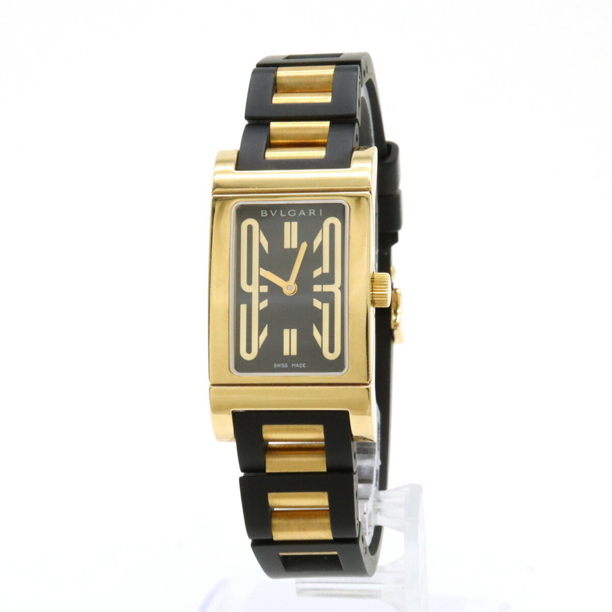 Montre femme BVLGARI Rettangolo d'occasion, cadran noir, bracelet en caoutchouc 750YG, quartz RT39G 