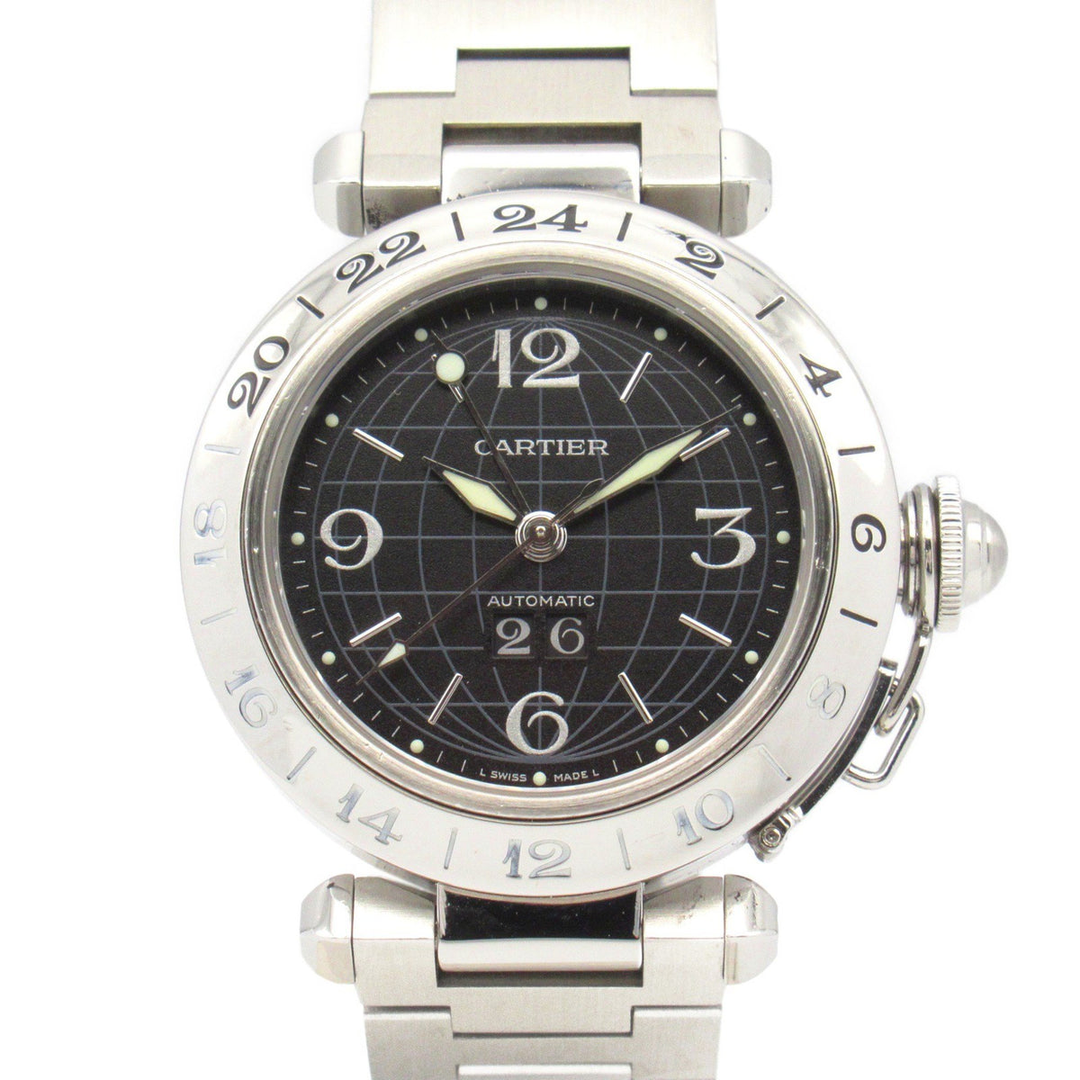 Pre-Owned Cartier Pasha C Meridian GMT Watch Stainless Steel Boys Black W31049M7