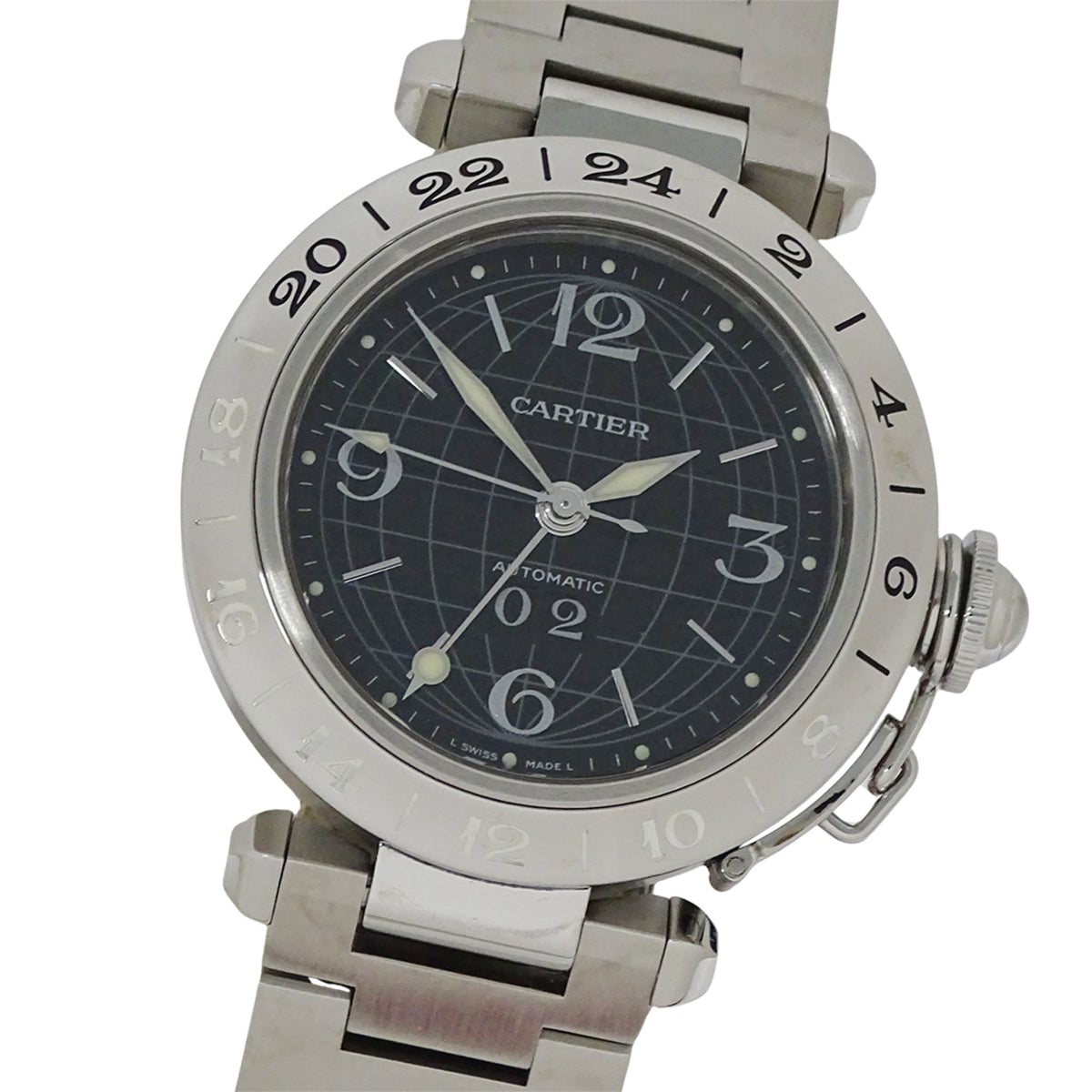 Pre-Owned Cartier Pasha C Meridian GMT Date Automatic Watch for Boys, Stainless Steel (SS) W31049M7, Silver & Black
