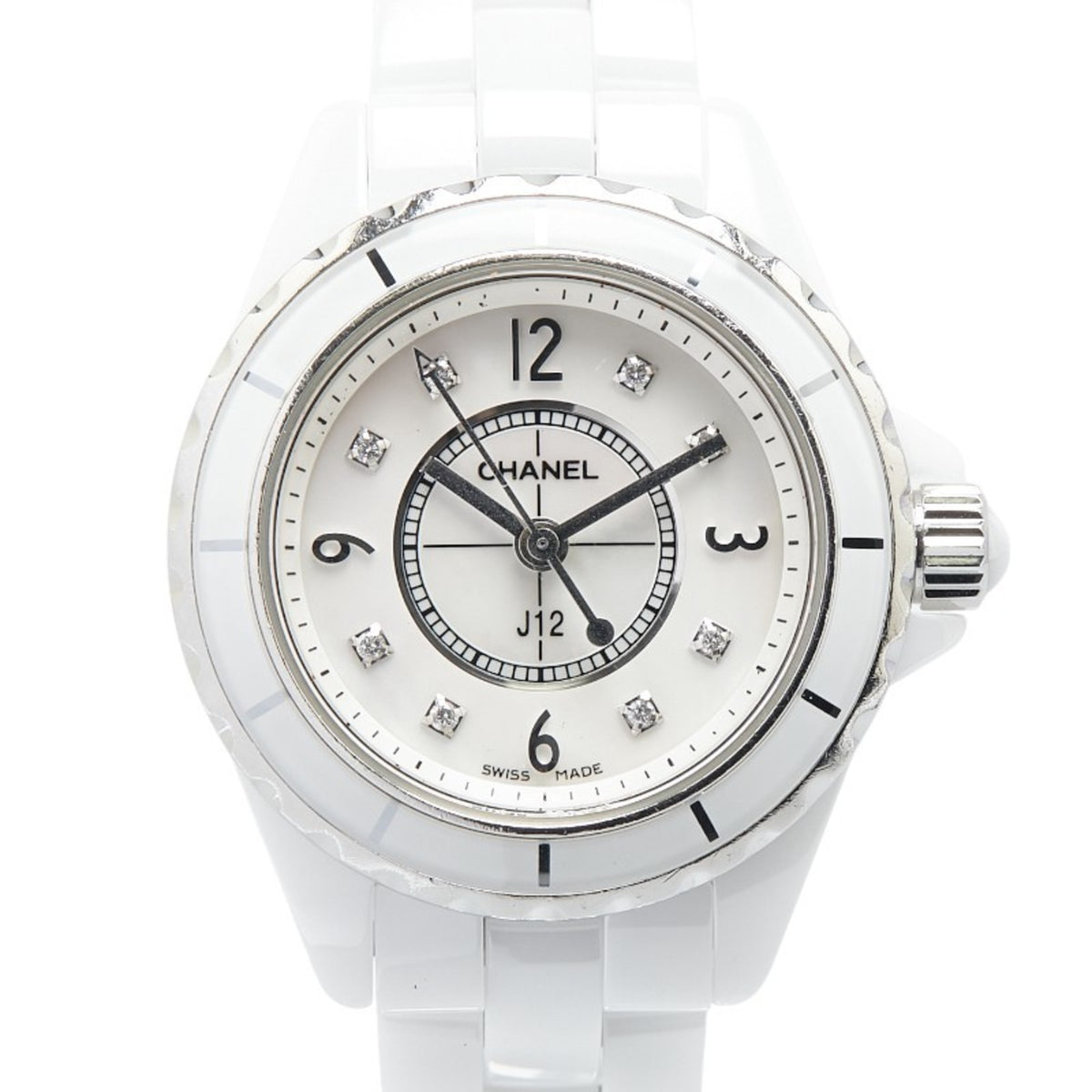 Pre-Owned CHANEL J12 8P Diamond Watch H2570 Quartz Silver Dial White Ceramic Women's