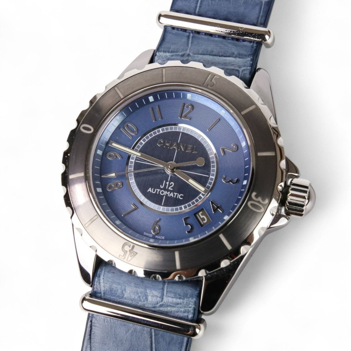 Montre automatique CHANEL J12 G.10 d'occasion en titane et céramique 38 mm H4338 pour homme, couleur bleu métallisé argent 