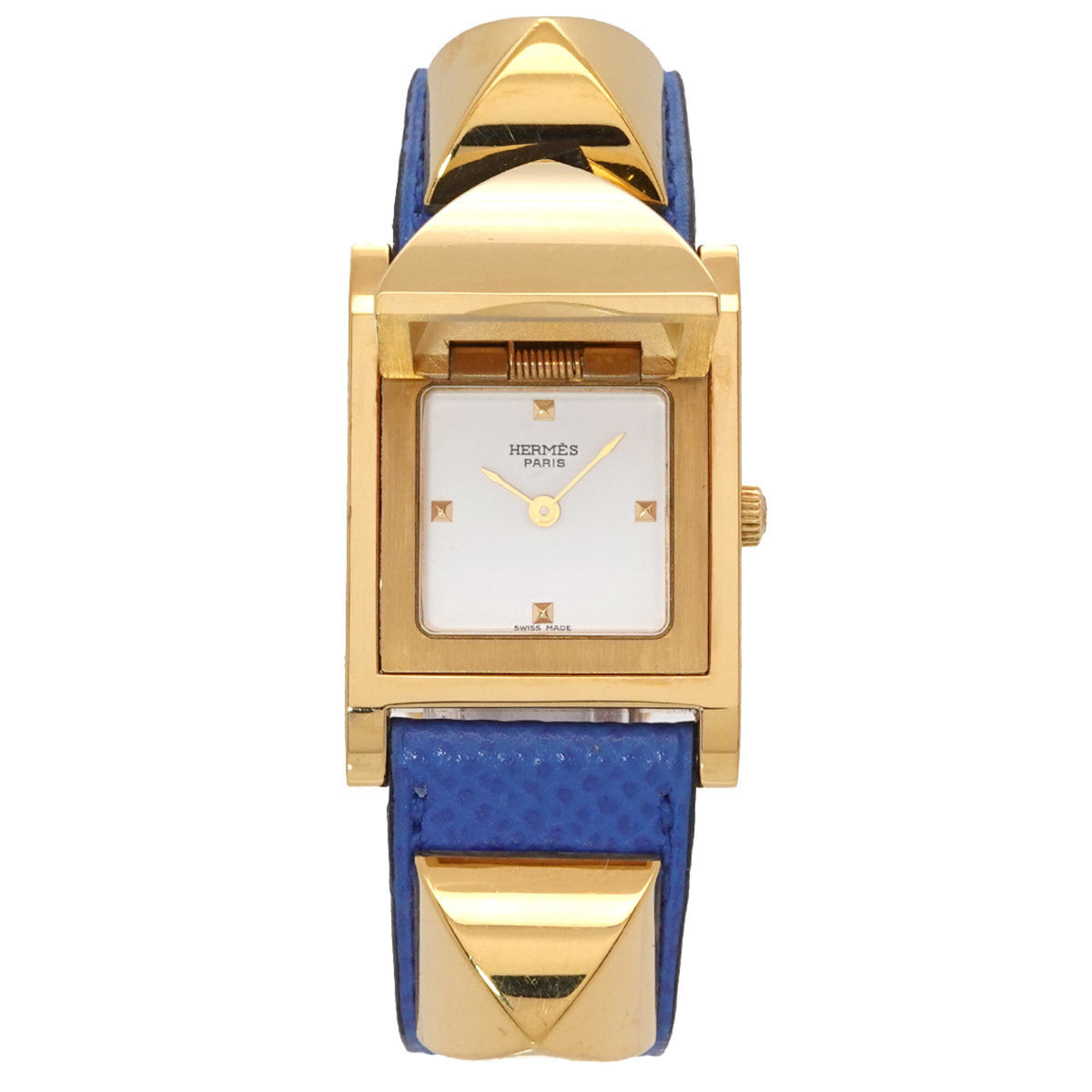 Pre-Owned Hermes Medor Women's Watch, Pyramid Design, Gold Studs, White and Blue Leather Strap, Quartz Movement.