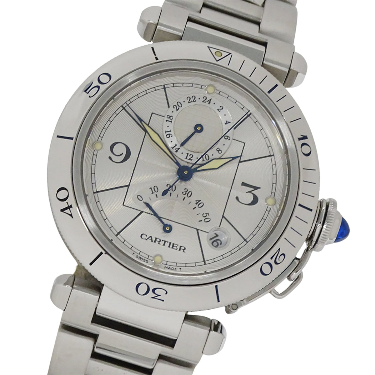 Pre-Owned Cartier Pasha Watch, Men's, W31037H3, GMT, Date, Automatic, Stainless Steel, Silver, Round, Polished