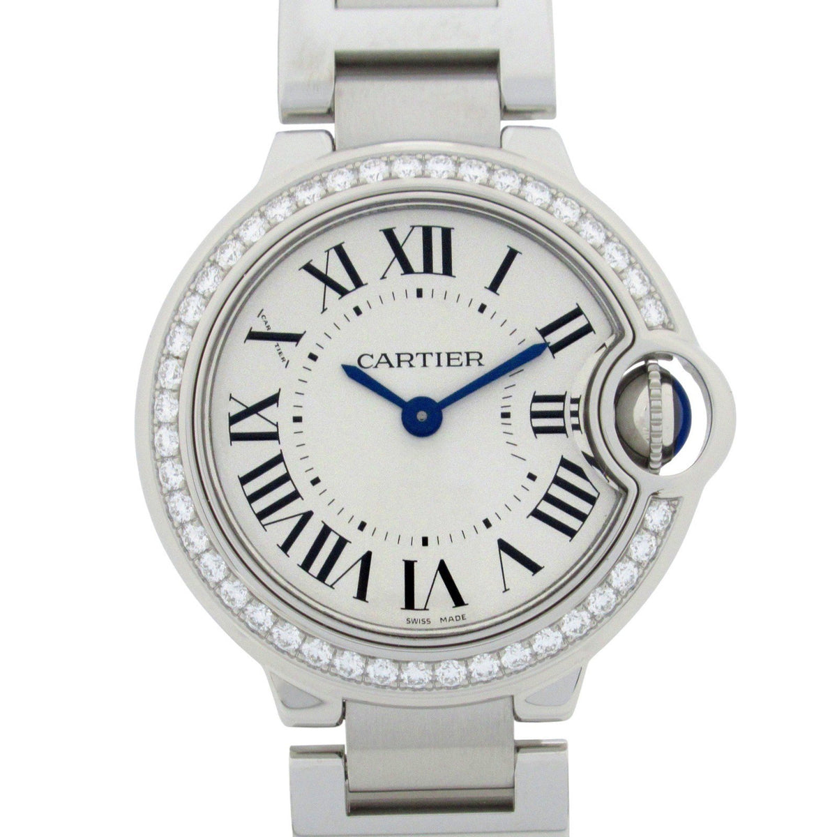 Gebrauchte Cartier Ballon Bleu SM Lünette Diamant Armbanduhr Edelstahl Damen Silber W4BB0015 