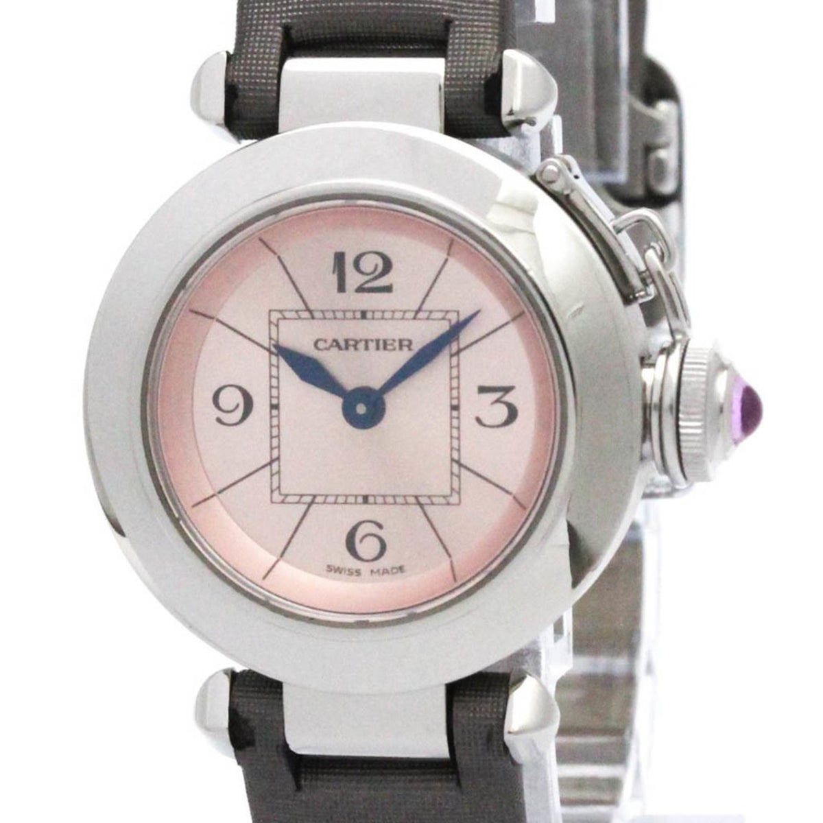 Pre-Owned CARTIER Miss Pasha Steel Leather Quartz Ladies Watch W3140026 Polished