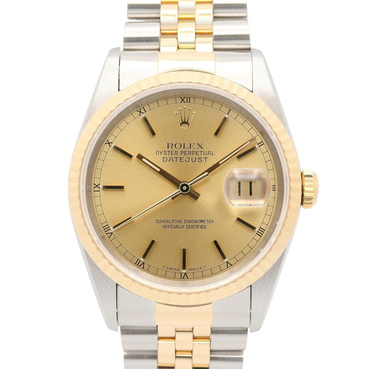 Pre-Owned Rolex Datejust W-serial Champagne Bar Watch, 18K (Yellow Gold) Stainless Steel, Men's, Gold Tone, 16233