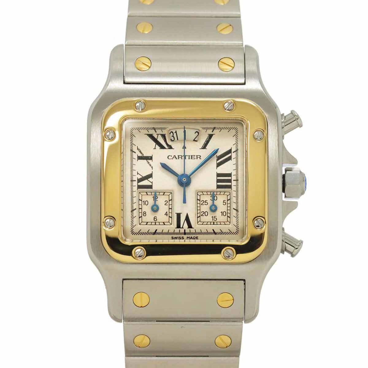 Pre-Owned Cartier Santos Galbe LM Chrono Reflex Perpetual Calendar Two-Tone Men's Watch W20042C4, Date Display, Ivory/YG Yellow Gold Quartz