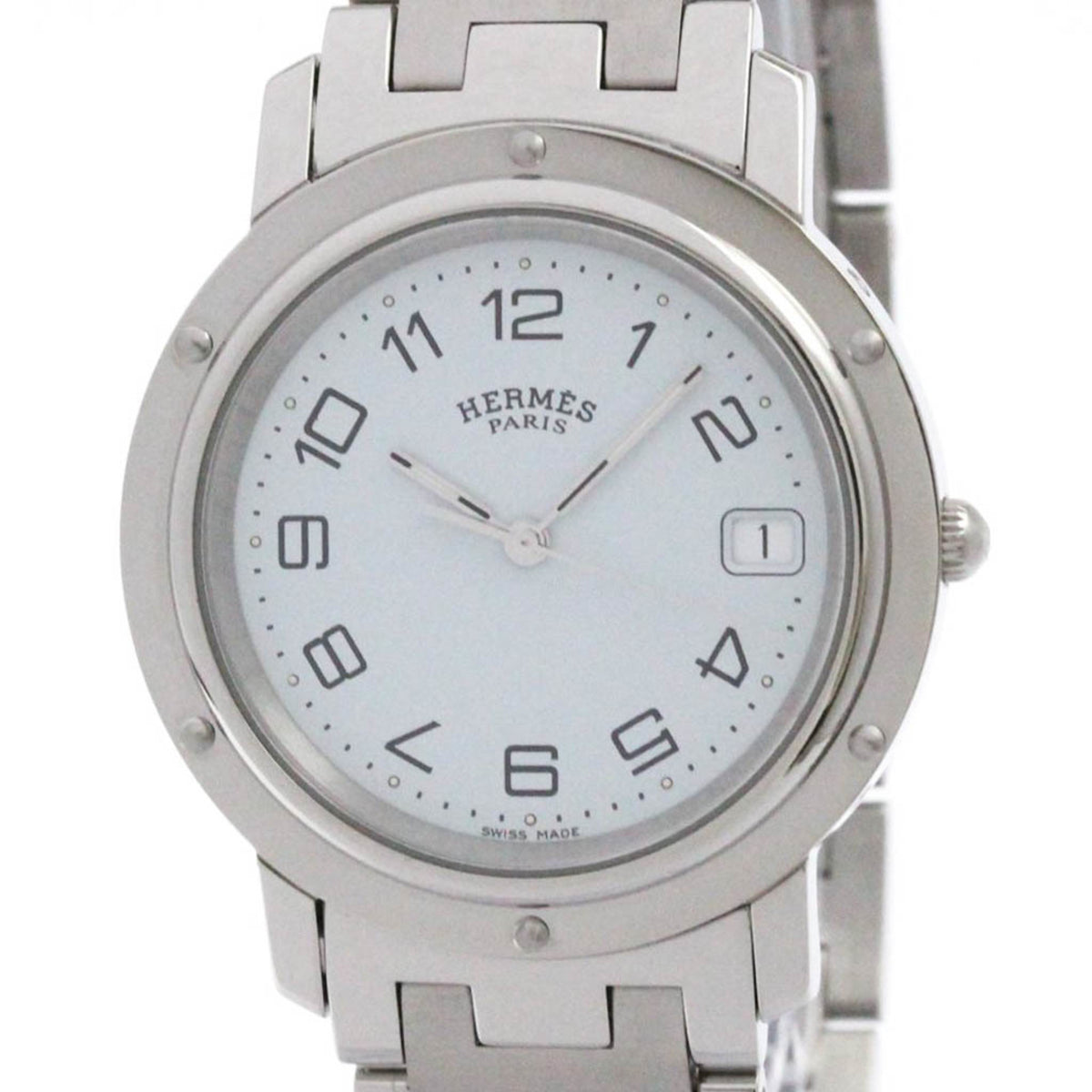 Pre-Owned HERMES Clipper Stainless Steel Quartz Mens Watch CL6.710 Polished