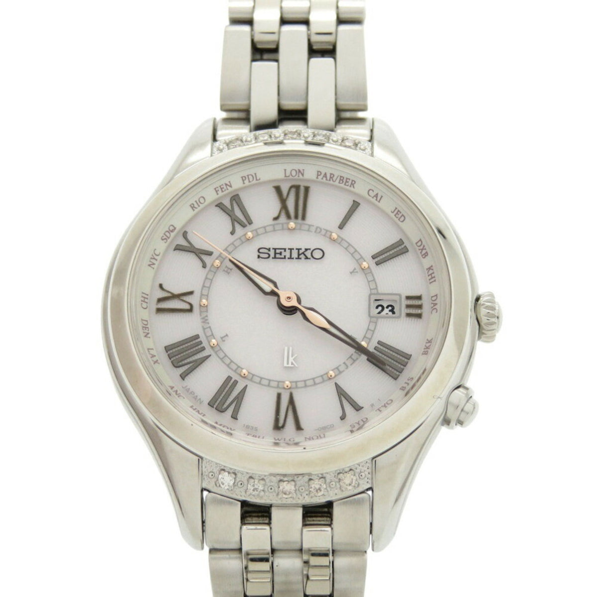 Montre-bracelet Seiko Lucia SSVV053 SS d'occasion, jamais utilisée, couleur rose moka, radio solaire, argent 0040SEIKO 