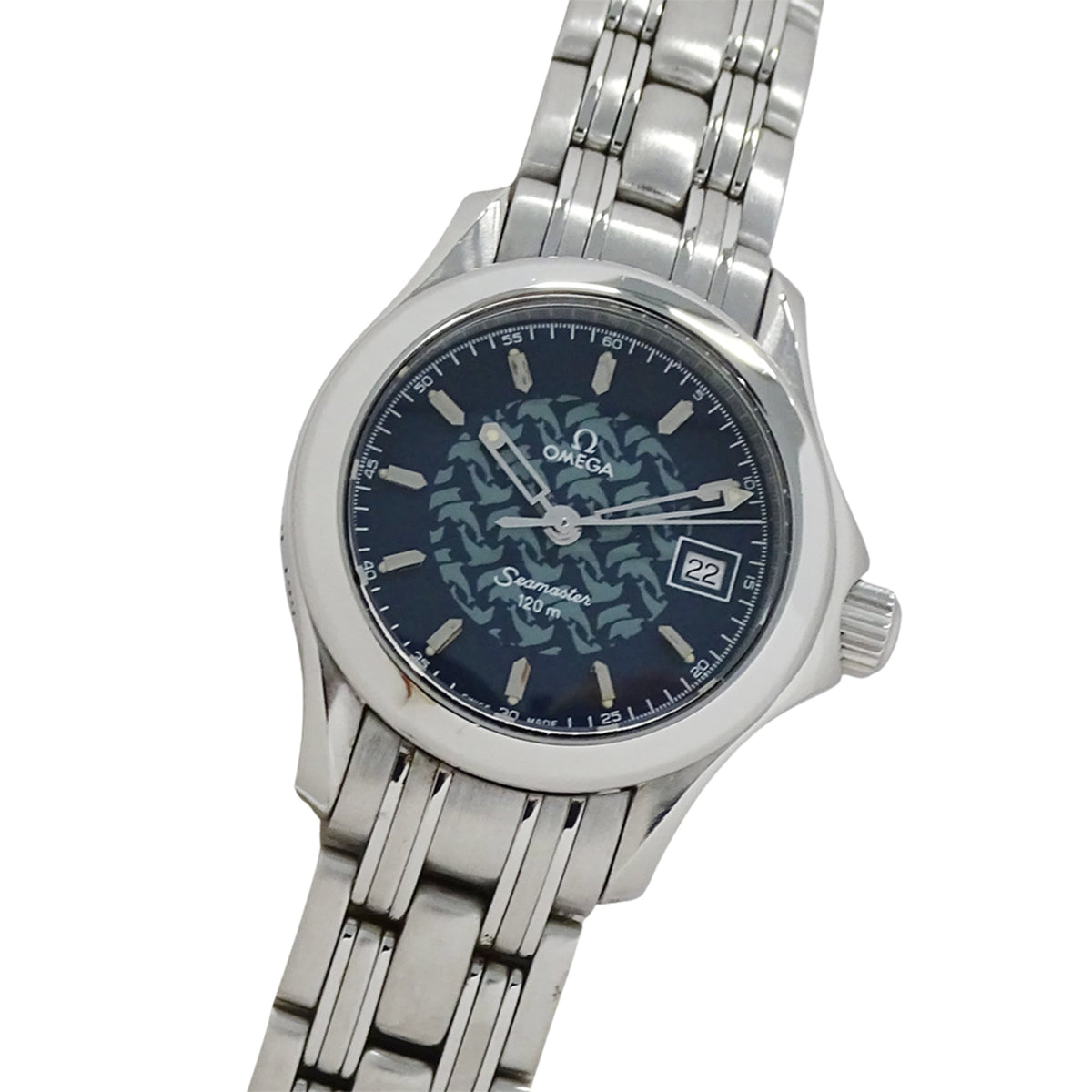 Pre-Owned Omega Seamaster Jacques Mayol 1997 2580.80 Women's Watch, Brand Name, Date, 120m Water Resistant, Quartz Movement, Stainless Steel (SS), Silver/Navy, Polished.