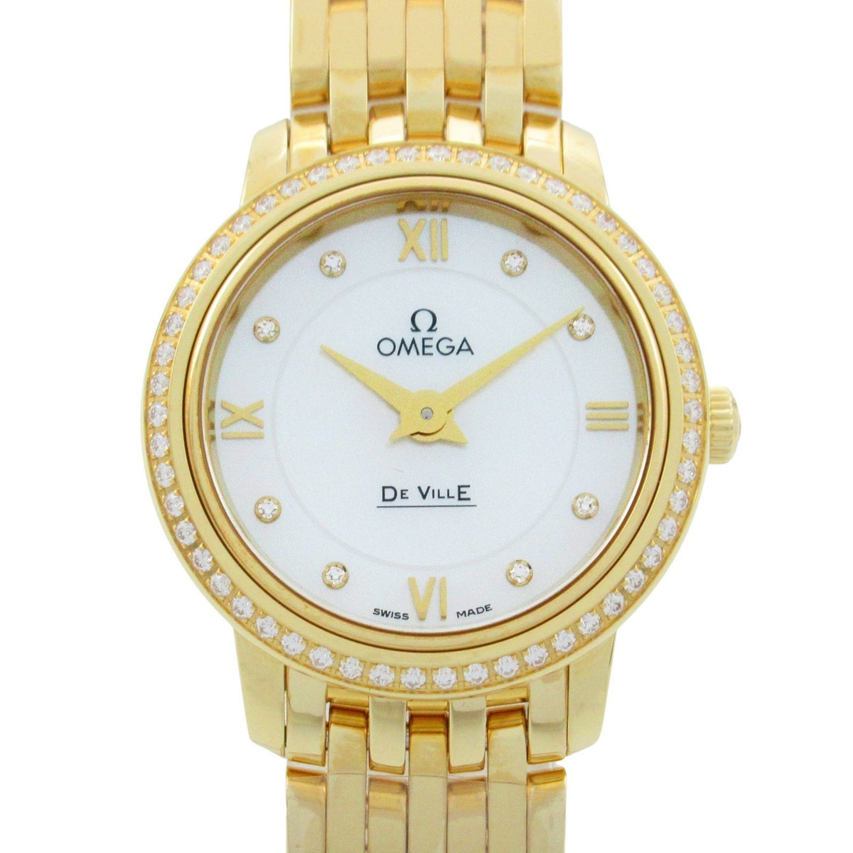 Pre-Owned OMEGA De Ville Prestige Diamond Bezel Watch 18K Yellow Gold Ladies White Shell 424.55.24.60.55.001