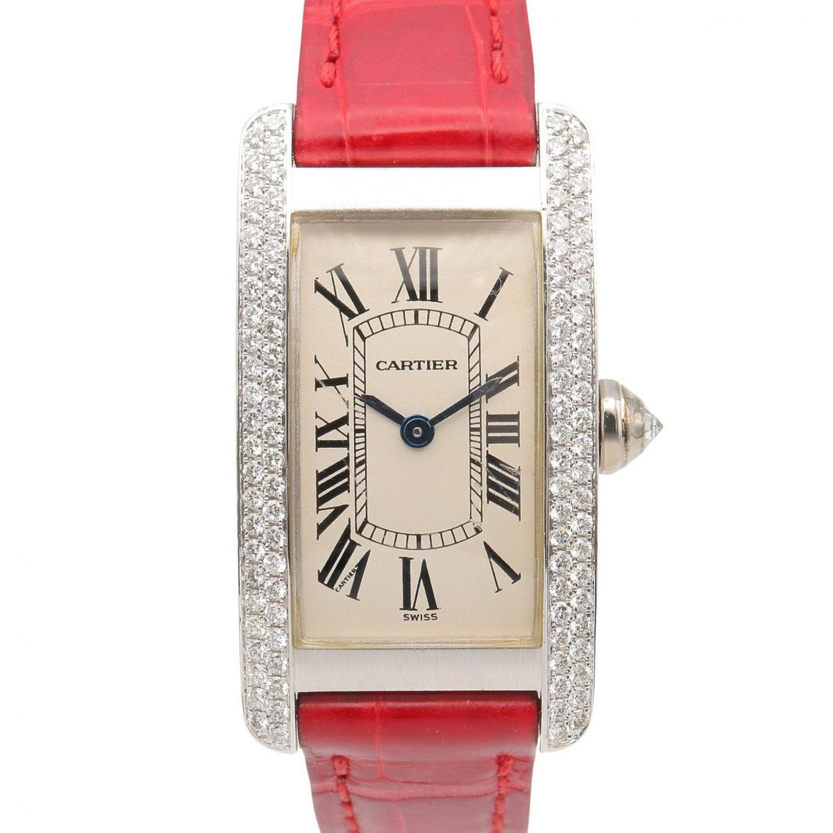 Pre-Owned Cartier Tank American SM Side Diamond Watch, 18K White Gold (WG), Diamond, Leather Strap, Ladies, White/Silver Tone, WB701851