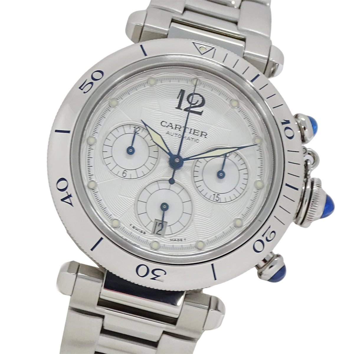 Pre-Owned Cartier Pasha Chronograph Automatic Watch for Men, Stainless Steel (SS) W31030H3, Silver, with Open Caseback.