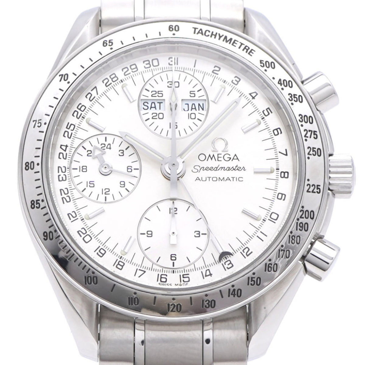 Pre-Owned Excellent condition Omega Speedmaster Triple Calendar 3523.30 automatic watch in stainless steel silver with triple calendar and day-date functions. 1306