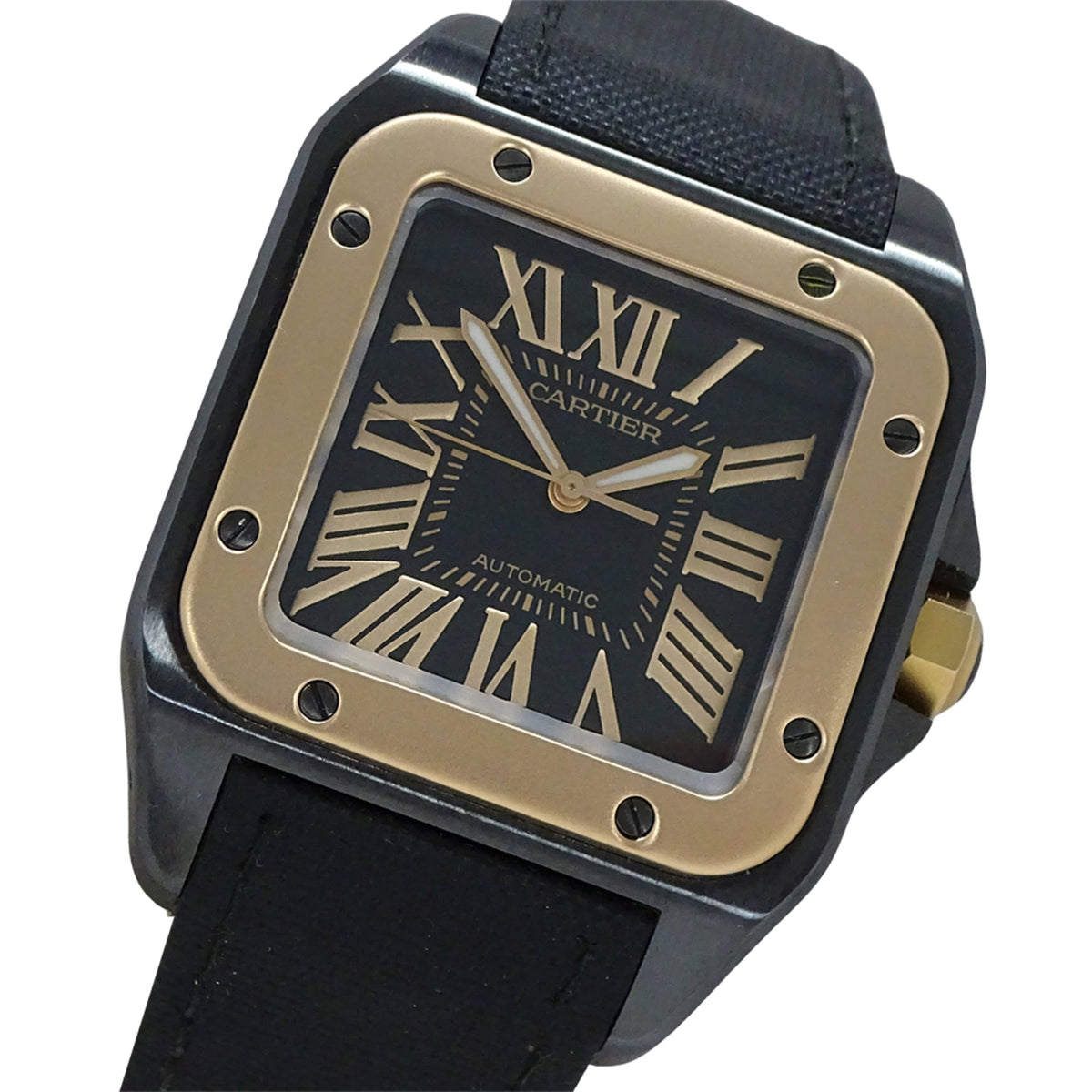 Pre-Owned Cartier men's watch, Santos 100 LM, automatic movement, stainless steel (SS), pink gold (750PG), nylon leather strap, W2020009, black, polished.