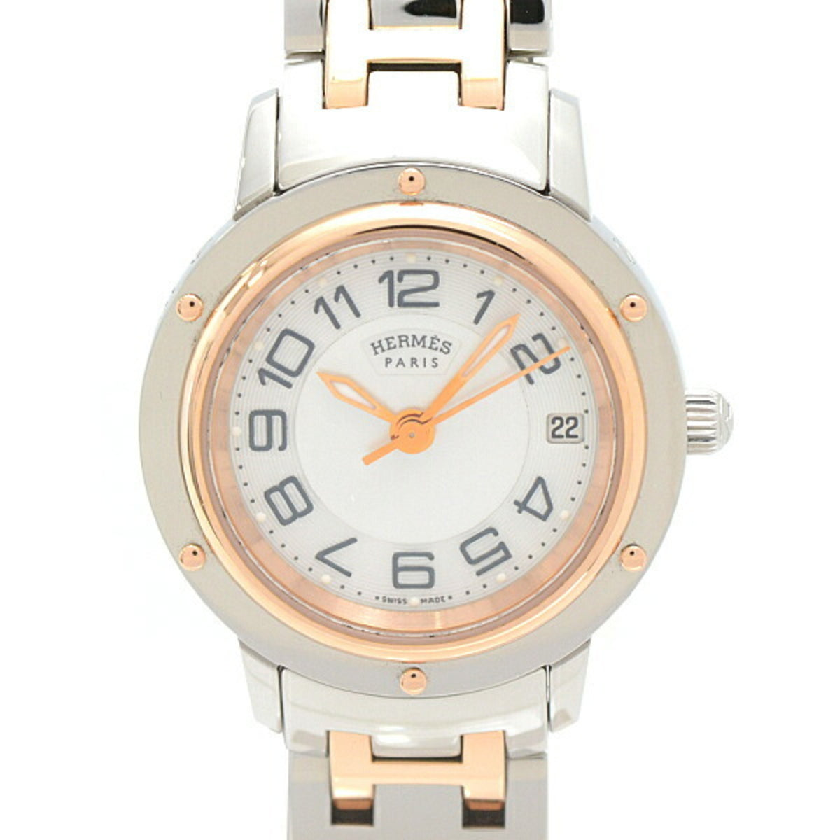 Montre Hermes Clipper Nacle Classic pour femme, d'occasion, à piles, cadran blanc, acier inoxydable SS x GP HERMES CP1.221 