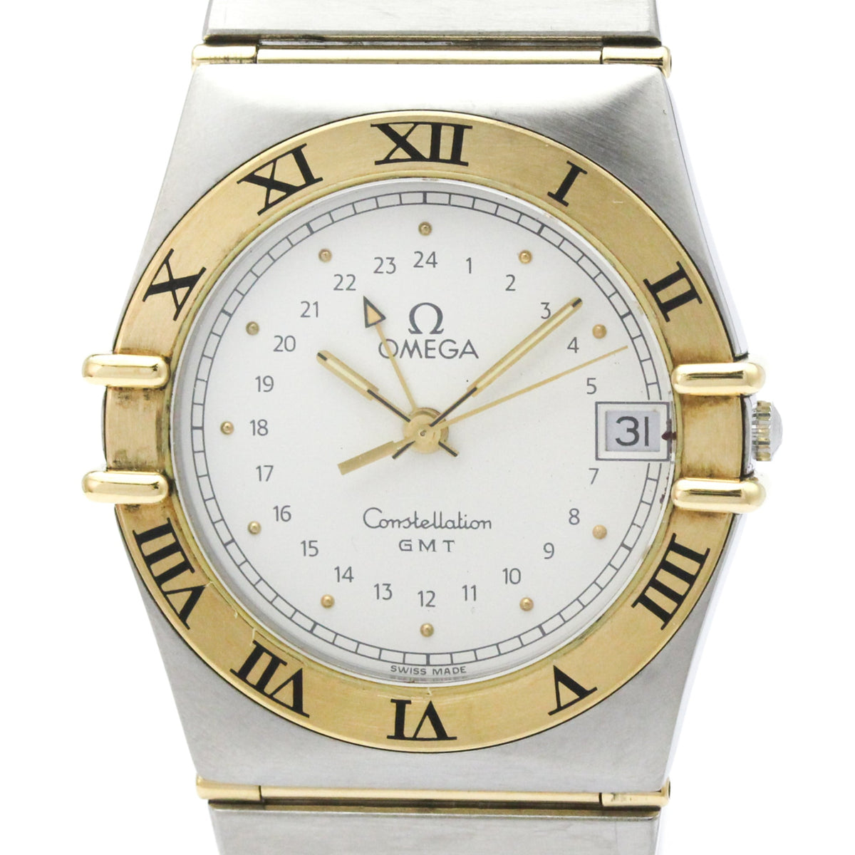 Pre-Owned OMEGA Constellation GMT 18K Gold Steel Quartz Mens Watch 396.1060 Polished