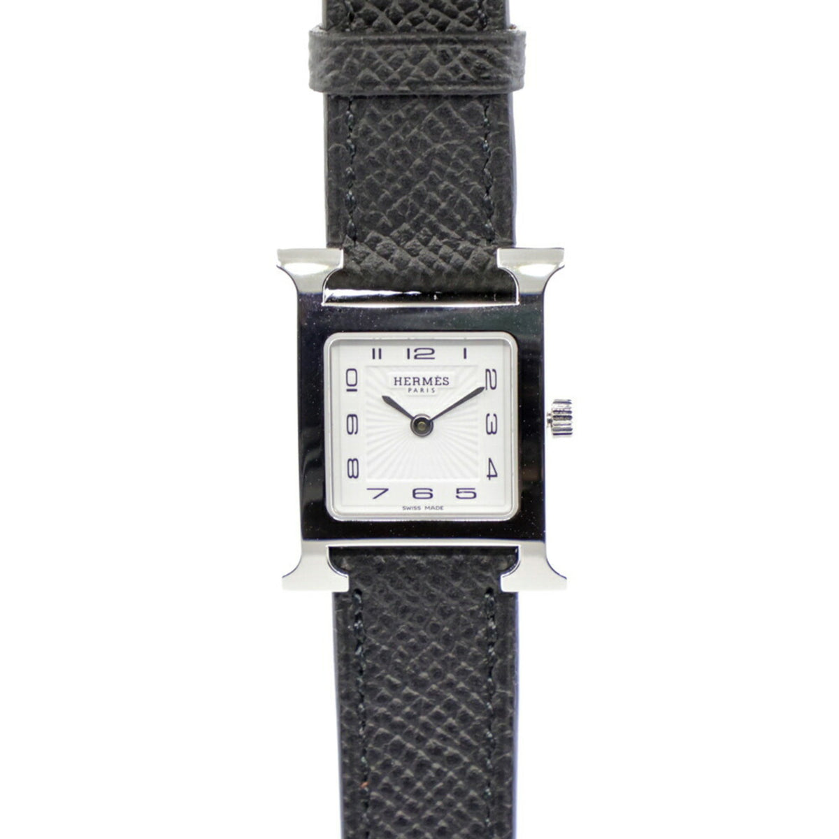 Pre-Owned Herm?s H Watch, white dial, stainless steel, leather, quartz movement, HH1.210, silver and black, women's watch, S 1595