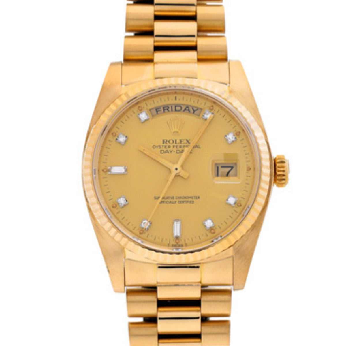 Montre automatique pour homme Rolex Day-Date 18038A d'occasion, série 74 (fabriquée vers 1982), couleur champagne/diamant 