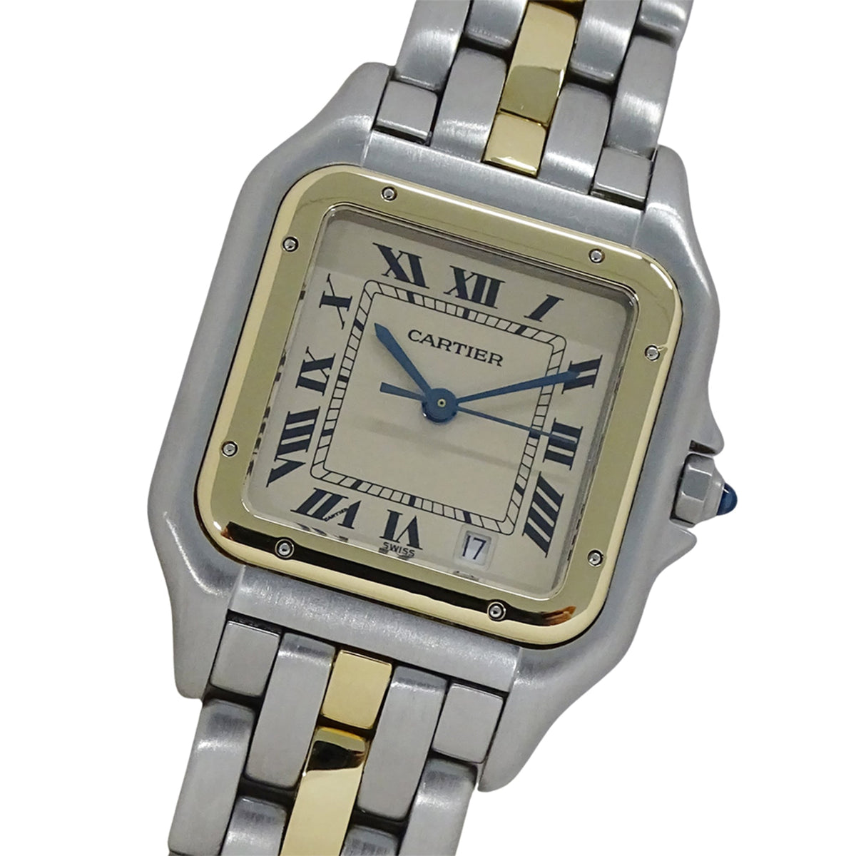 Pre-Owned Cartier women's watch, Panth?re MM Date, quartz movement, stainless steel (SS), gold (YG), W25028B5, 1 row.