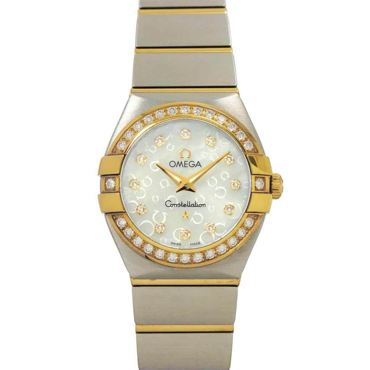 Pre-Owned OMEGA Constellation Brushed Two-tone Watch 123 25 24 60 55 010 Women's with 12 Diamond Bezel and White Shell in 18K Yellow Gold Quartz Movement