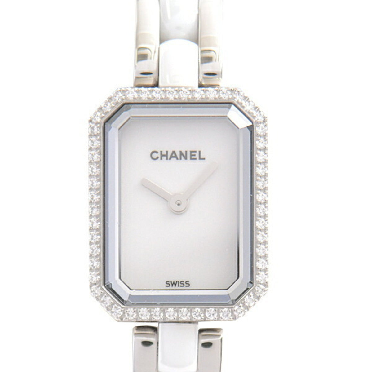 Montre Chanel d'occasion pour femme Premiere, lunette diamantée, cadran blanc, acier inoxydable, céramique, fonctionne à piles, CHANEL H2132 