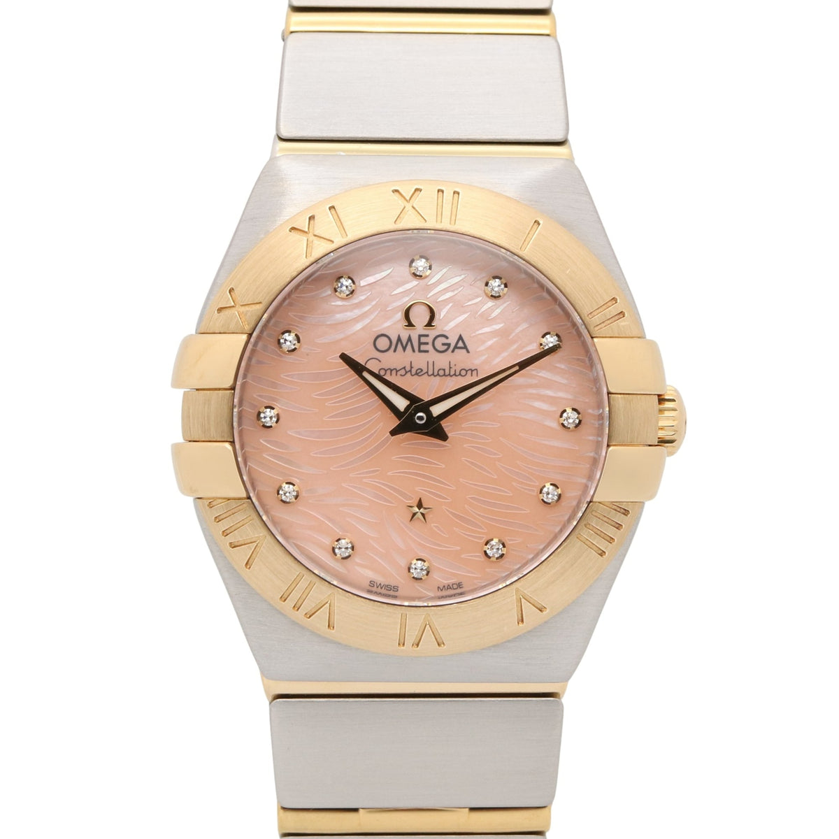 Pre-Owned Omega Constellation 12-Diamond Watch, 18K Yellow Gold Stainless Steel, Diamond, Ladies', Pink Tone, Mother-of-Pearl, 123.20.24.60.57.004