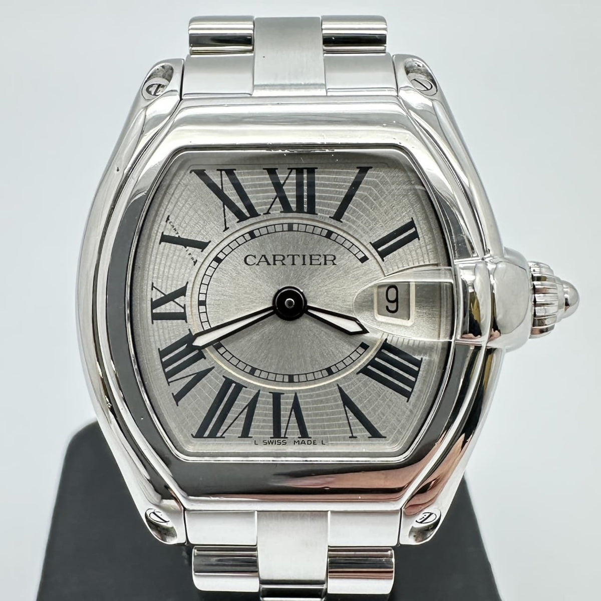 Pre-Owned Polished Cartier Roadster SM W62016V3 Watch, Date, Quartz, Stainless Steel, Silver, for Men and Women