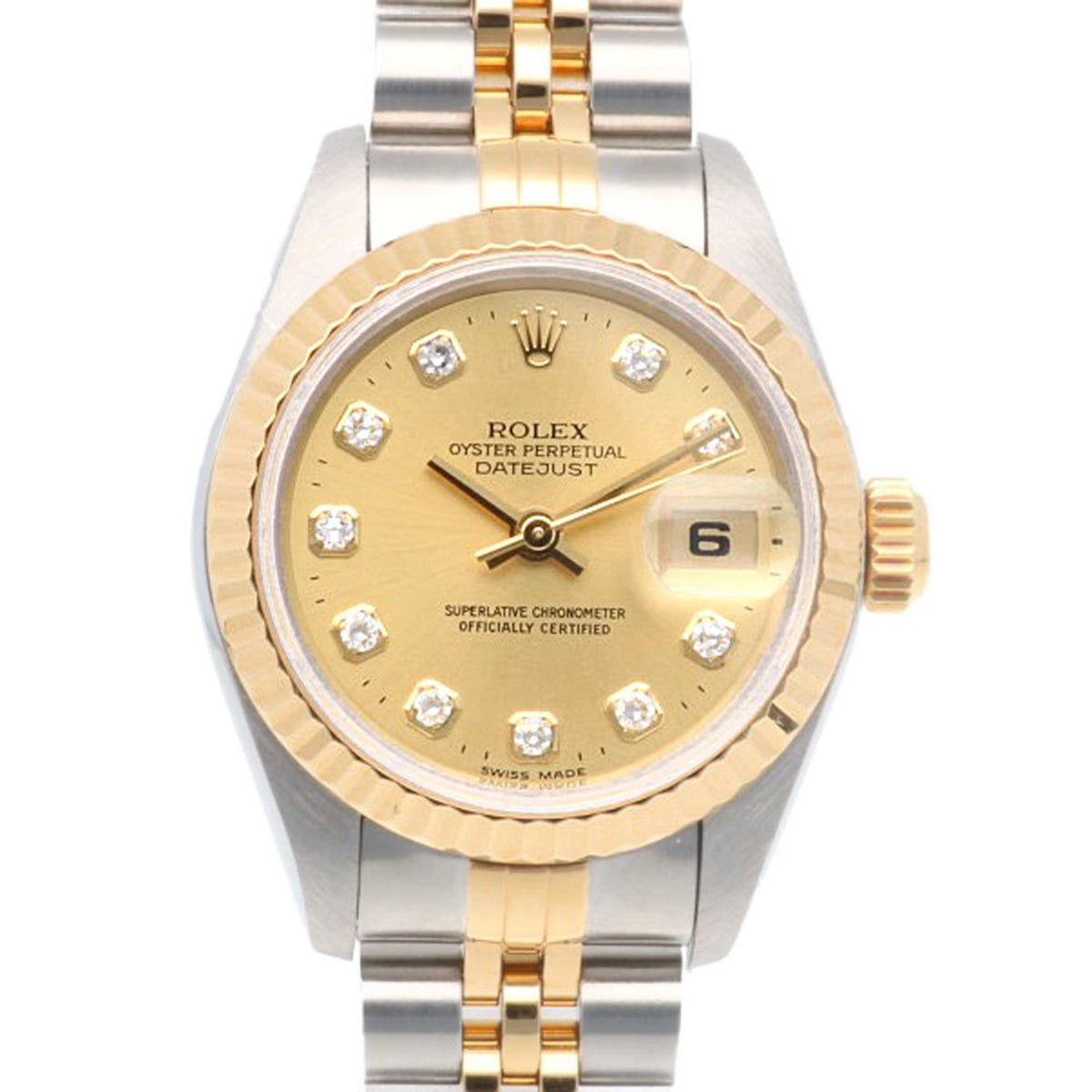 Montre Rolex Datejust Oyster Perpetual d'occasion en acier inoxydable 69173 automatique pour femme, série T 1996, modèle 10P, sertie de diamants 