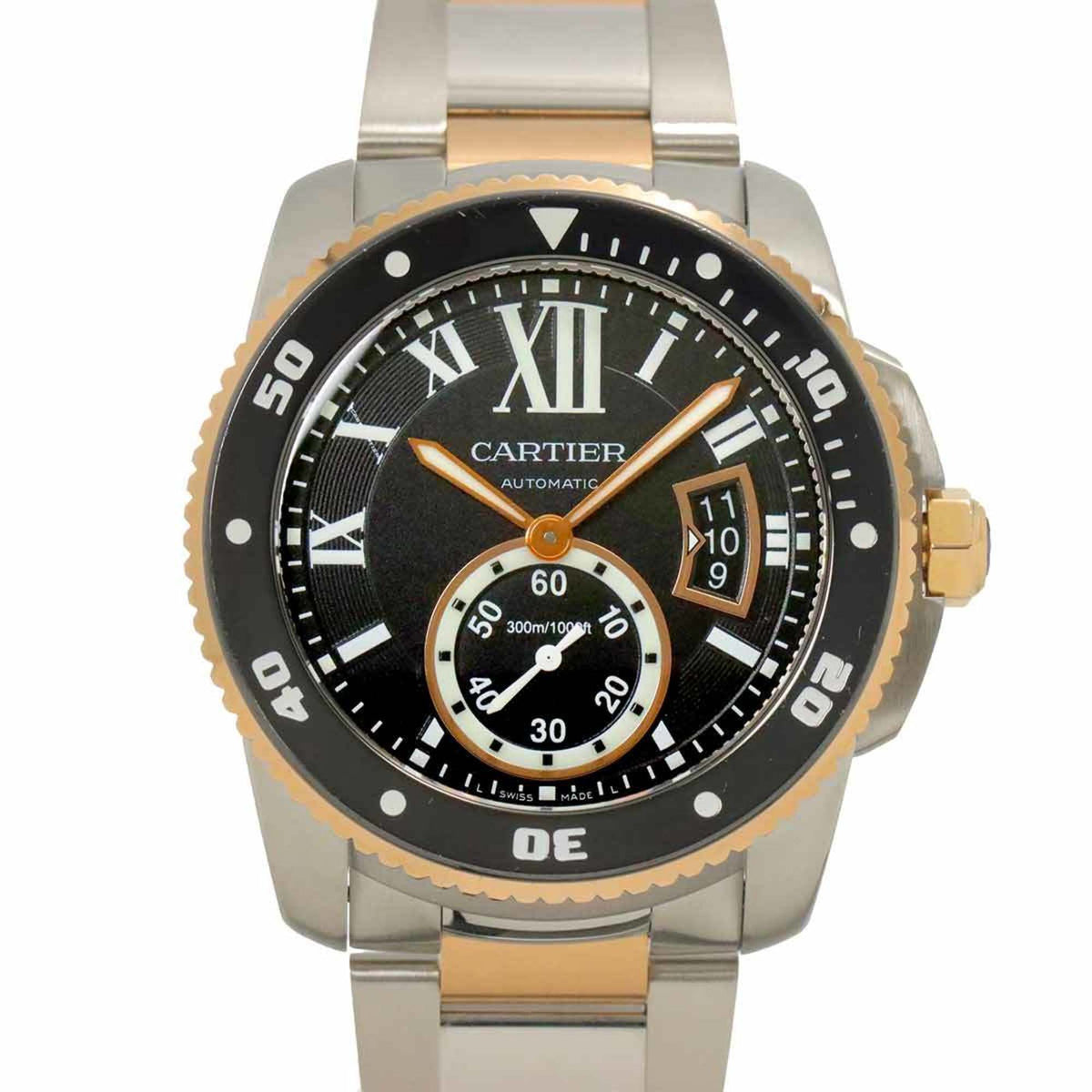 Pre-Owned Cartier Calibre de Diver Two-Tone Watch W7100054 Men's with Date Display, Black 18K White Gold and Pink Automatic Movement