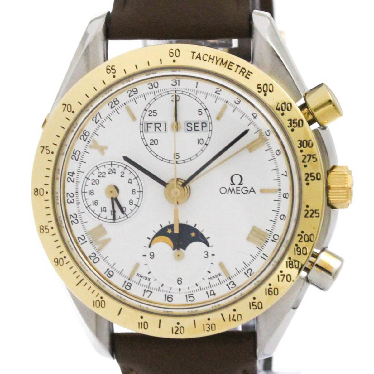 Pre-Owned OMEGA Speedmaster Triple Date Moonphase 18K Gold Watch 175.0034 Polished