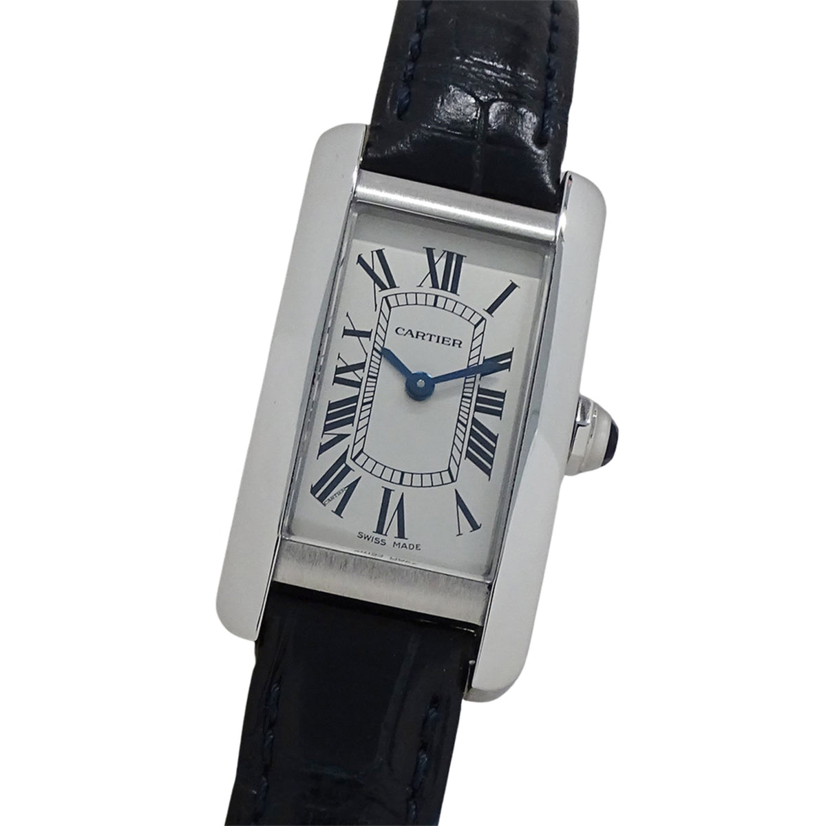 Pre-Owned Cartier Tank Am?ricaine SM Quartz Watch for Women, WSTA0016, Stainless Steel, Leather, Silver, Black, Square, Polished