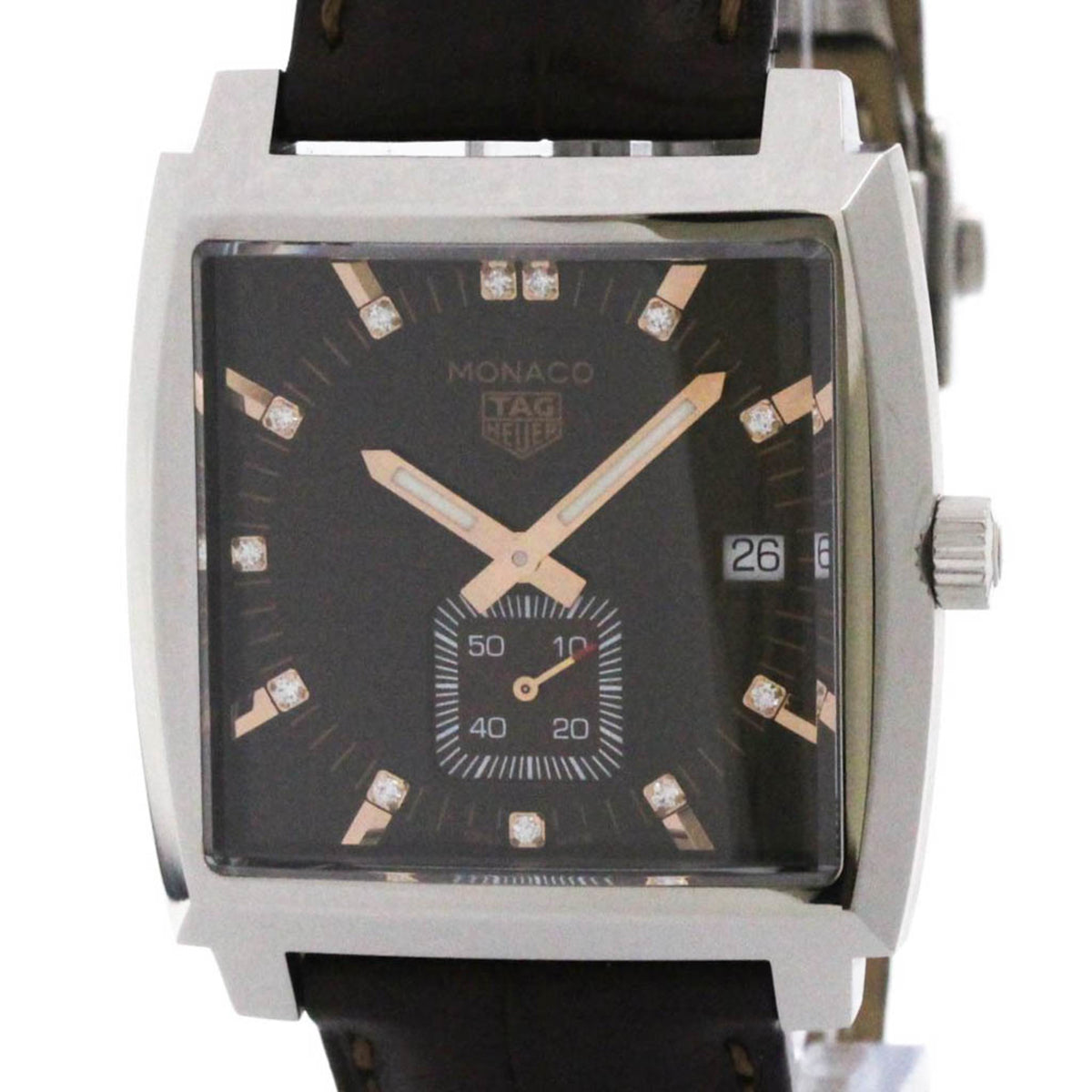 Pre-Owned TAG HEUER Monaco Diamond Steel Leather Quartz Watch WAW131E
