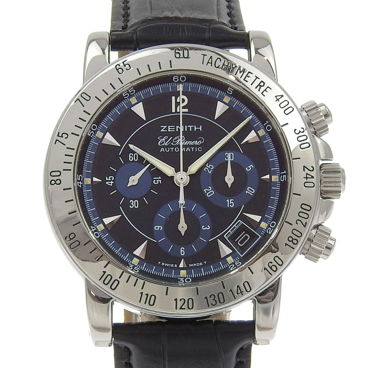 Pre-Owned Zenith Rainbow Watch El Primero Date cal.400 02.0461.400 Stainless Steel x Embossed Leather Automatic Black Dial Men's