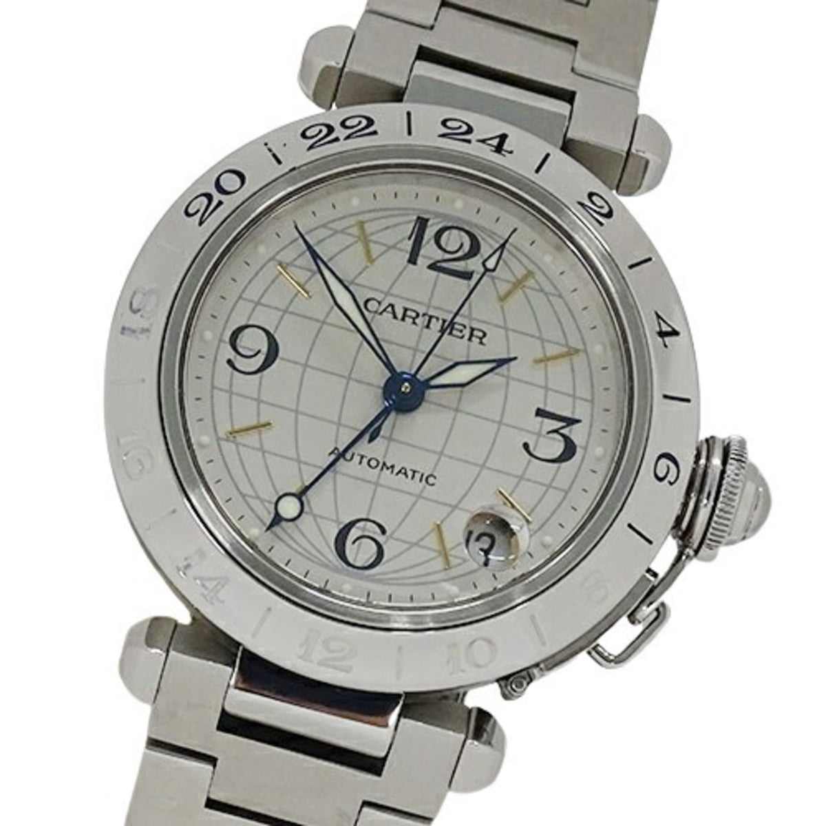 Gebrauchte Cartier Armbanduhr für Jungen Pasha C Meridian GMT Date Automatik AT Edelstahl SS W31029M7 Silber poliert 