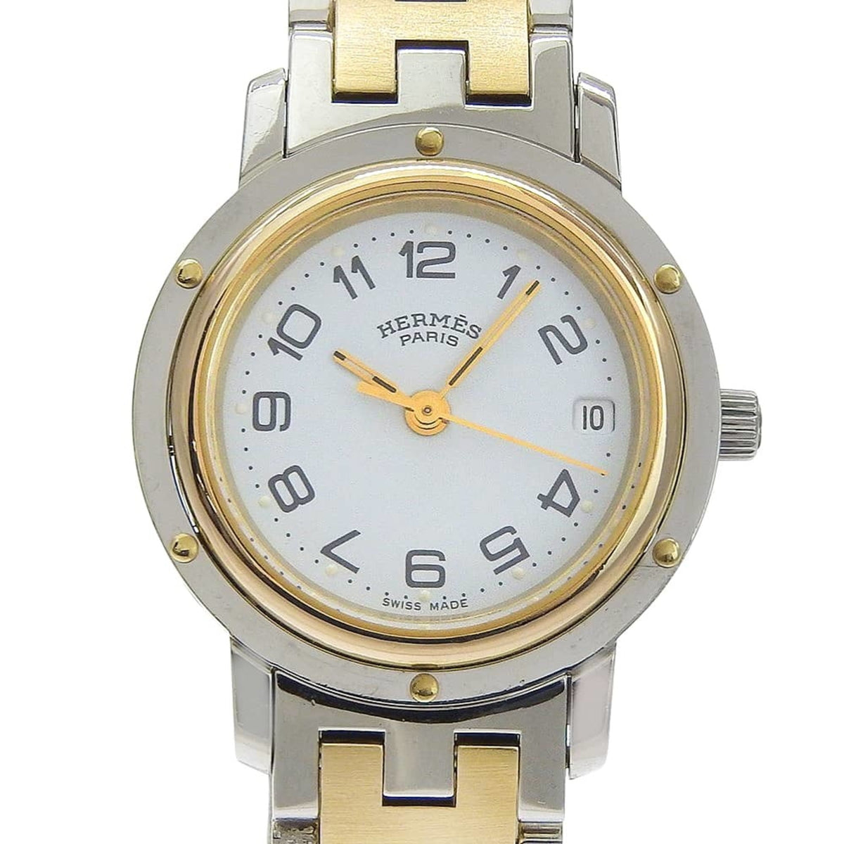 Pre-Owned Hermes Clipper watch CL3.240, stainless steel, quartz, analog, white dial, women's.