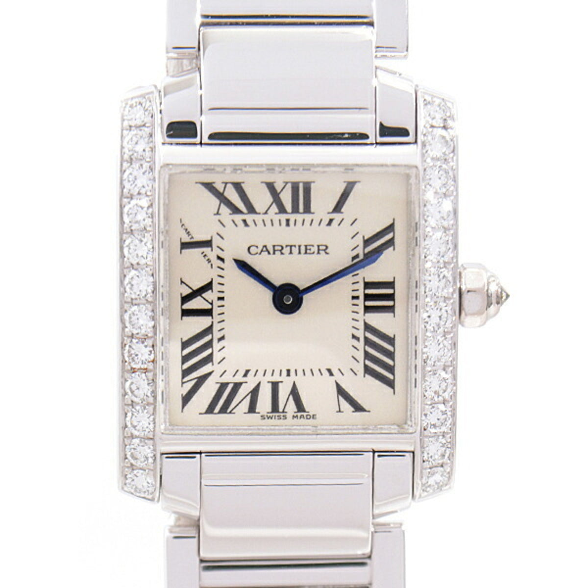 Pre-Owned Cartier Women's Watch Tank Francaise SM Genuine Diamond Bezel Battery Operated Ivory Dial White Gold 750WG W50012S3
