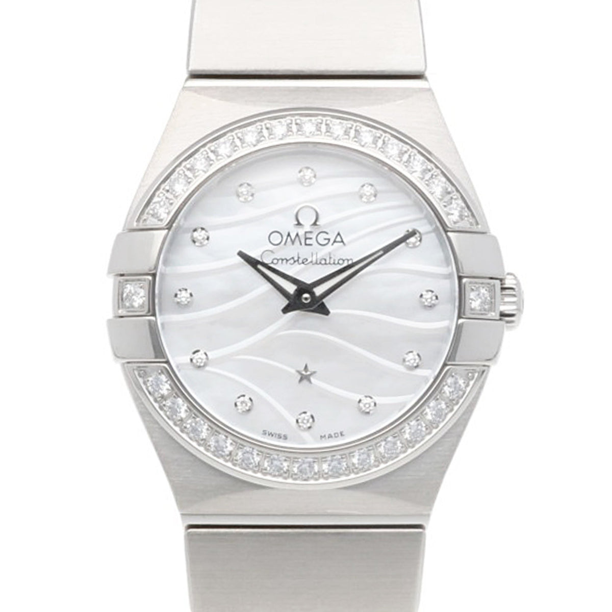 Pre-Owned Omega Constellation watch, stainless steel, 12315246055006, quartz movement, women's, pre-owned, diamond bezel, 12P diamonds, mother-of-pearl.