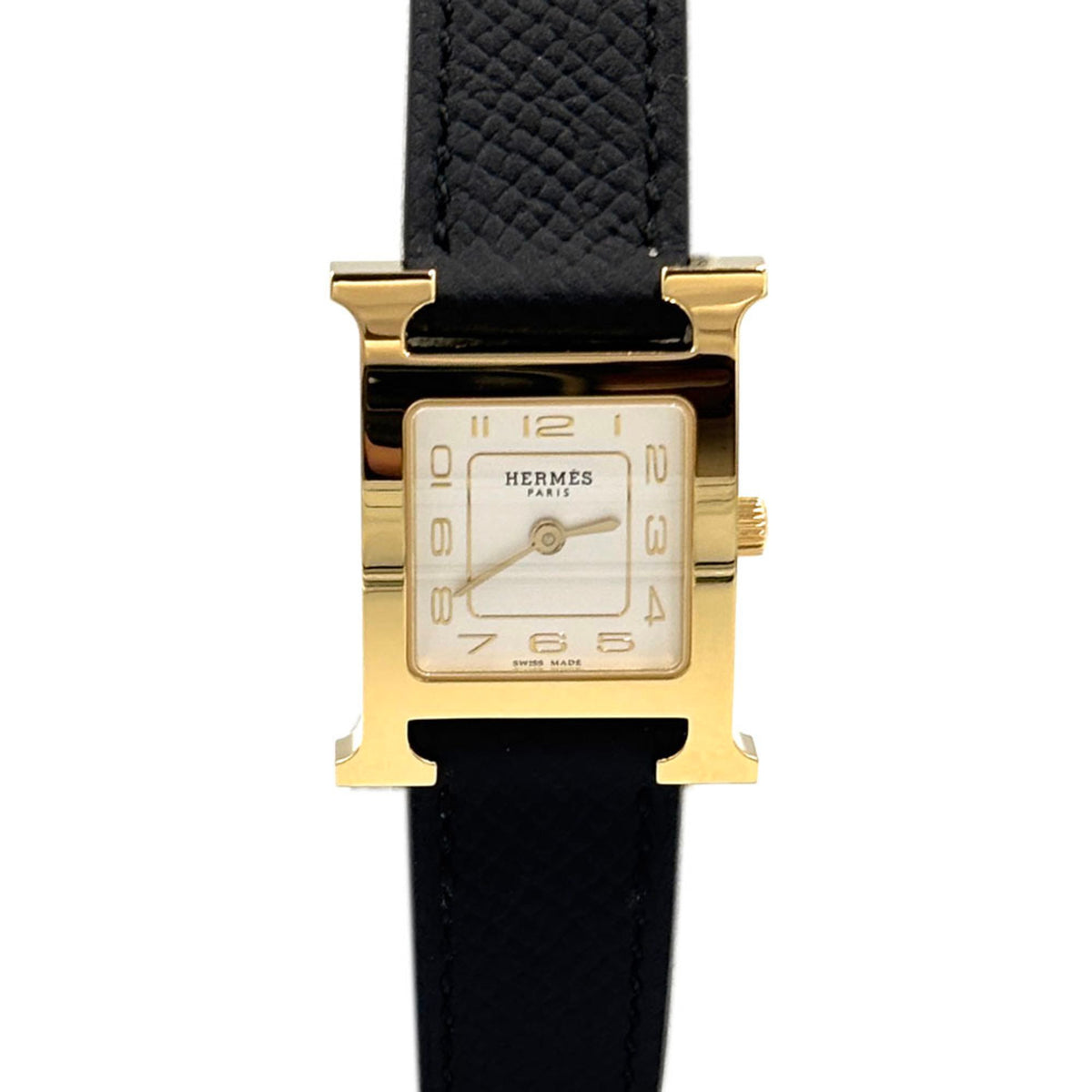 Pre-Owned Hermes HERMES H Watch Silver Dial HH1.201 Gold Black GP Stainless Steel Leather Wristwatch Women's