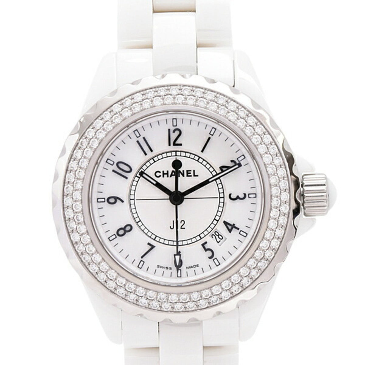 Montre Chanel d'occasion pour femme, J12, date, 33 mm, lunette double diamant, à piles, cadran blanc, CE, CHANEL, H0967 