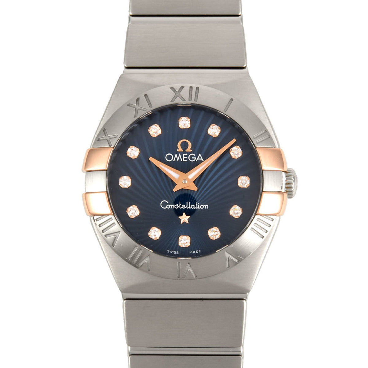 Pre-Owned OMEGA 795.1007 Constellation Watch Quartz Navy Dial SS K18 Gold 12P Diamond Ladies