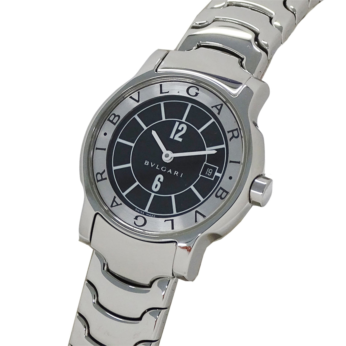 Pre-Owned Bvlgari Solotempo Women's Watch with Date, Quartz Movement, Stainless Steel, ST29S, Silver/Black, Polished