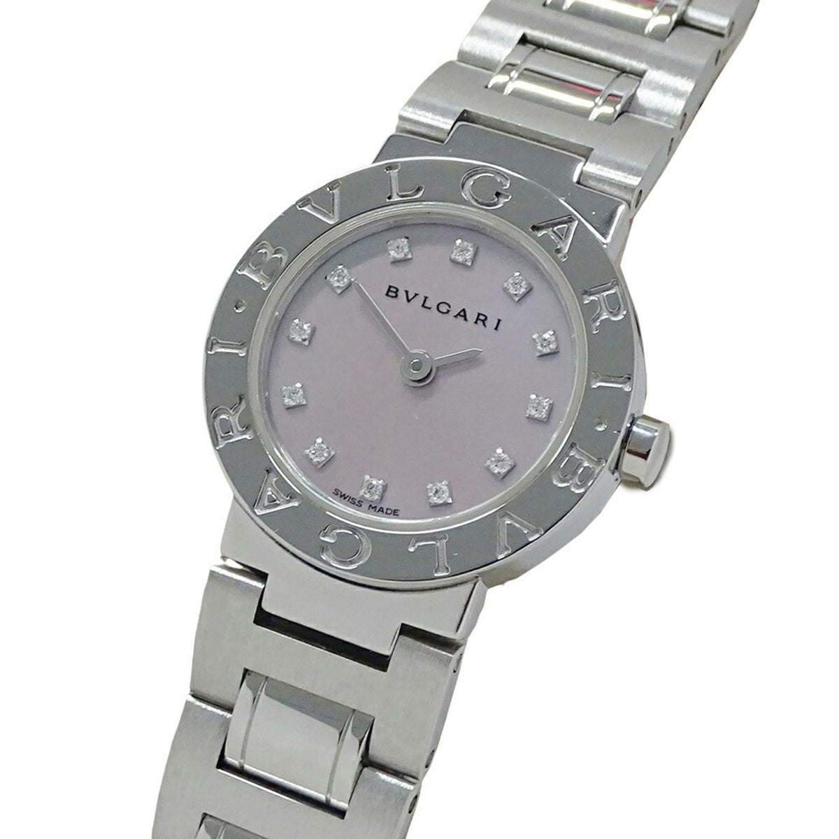 Montre BVLGARI d'occasion pour femme 12P, diamant, rose, coque, quartz, acier inoxydable SS BB23SS, argent, ronde, polie 