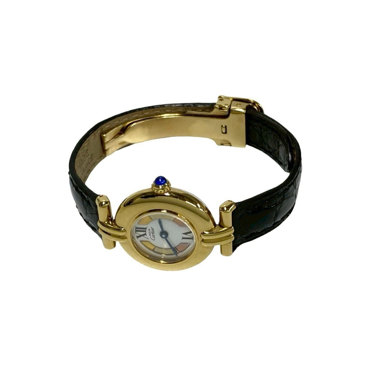 Pre-Owned CARTIER Must Colisee Vermeil Silver 925 Leather Quartz Watch in Black and Gold (28031)