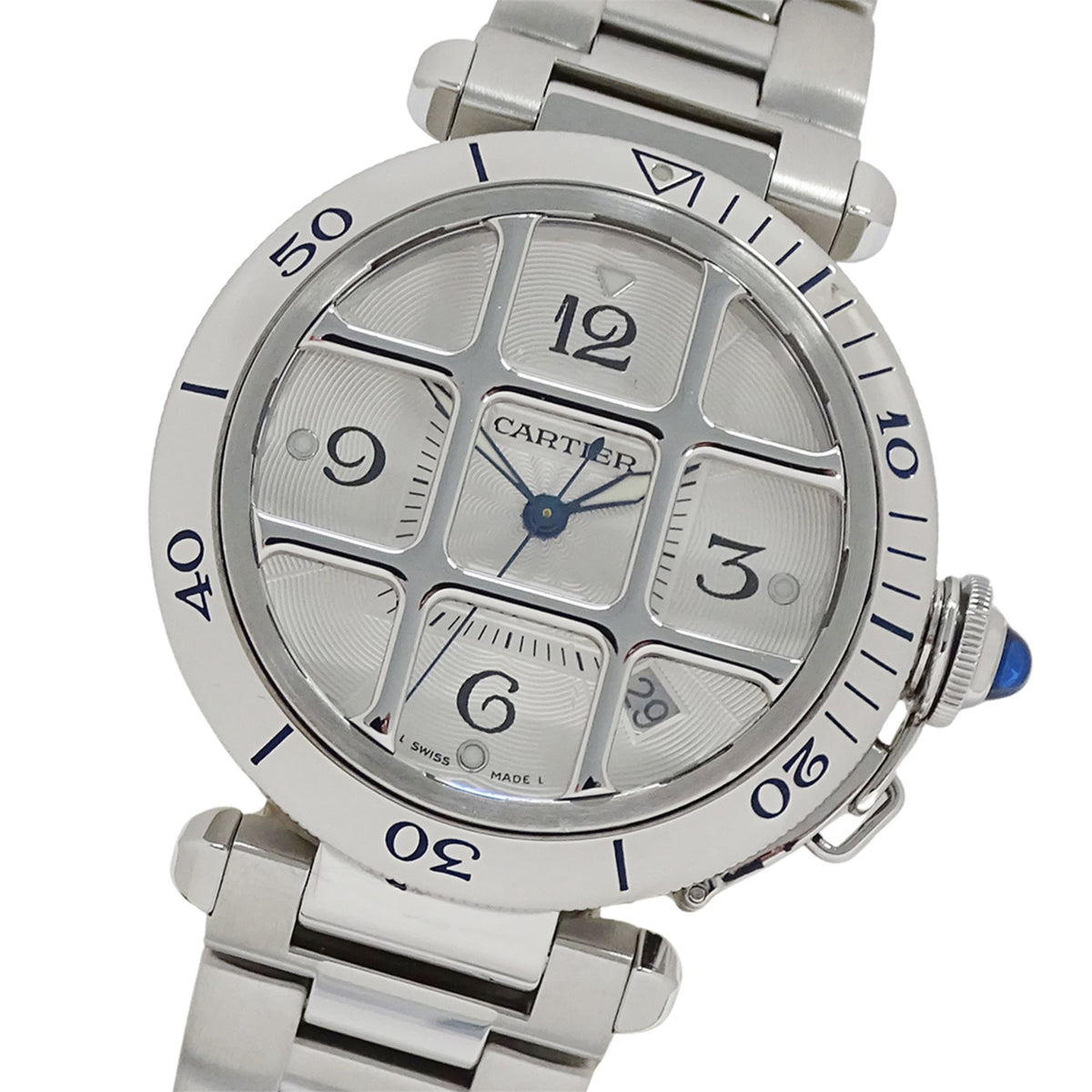 Pre-Owned Cartier Pasha Grid Date Automatic Watch for Men, Stainless Steel (SS) W31040H3, Silver, Open Caseback, Polished.